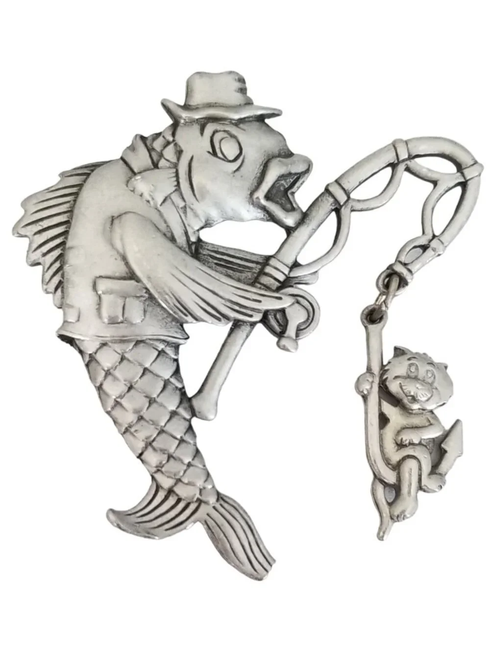 JJ Jonette Pewter Fish With Rod Catching Cat, Signed M164